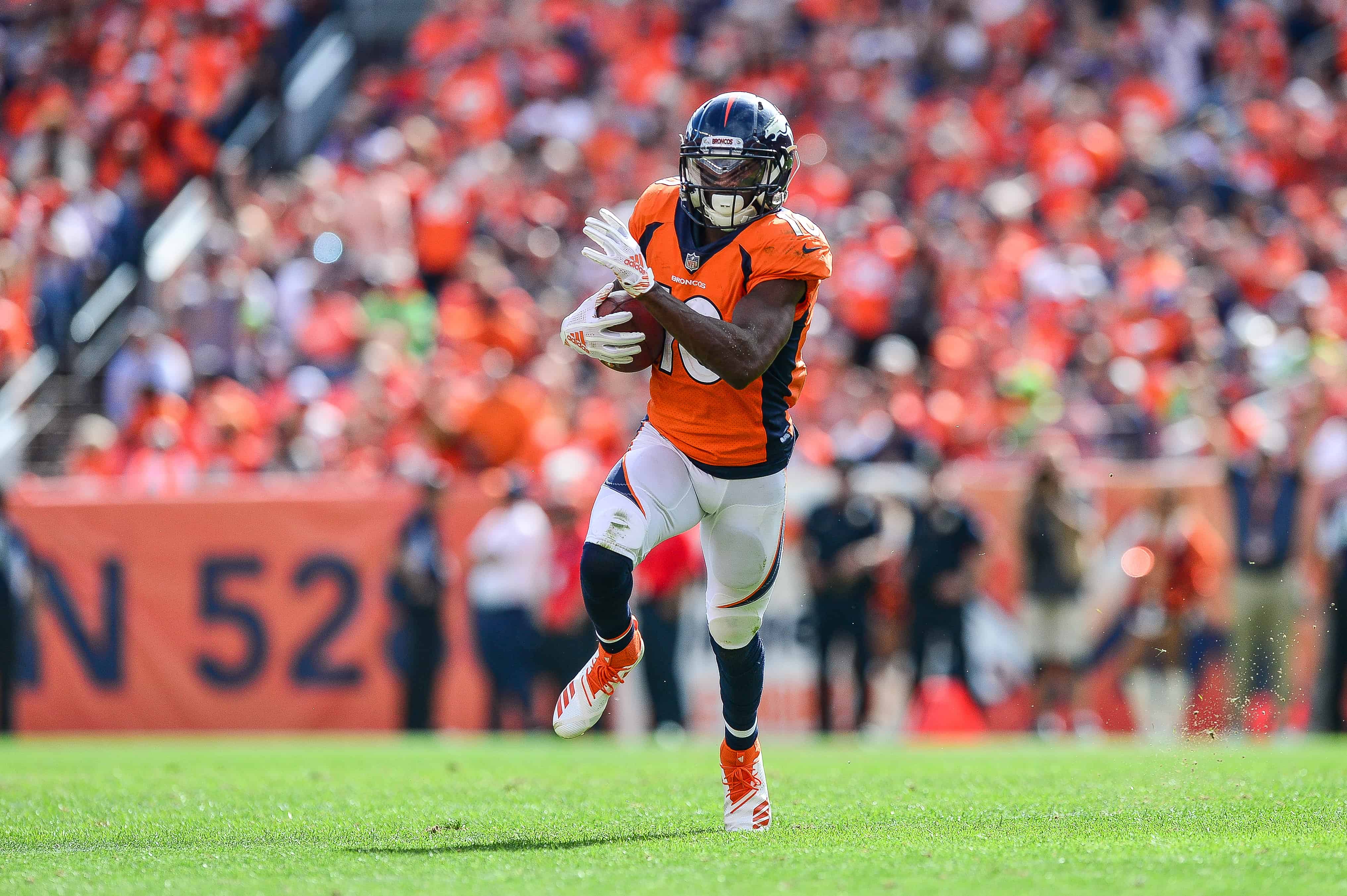 Emanuel Sanders catches a pass in Denver during September