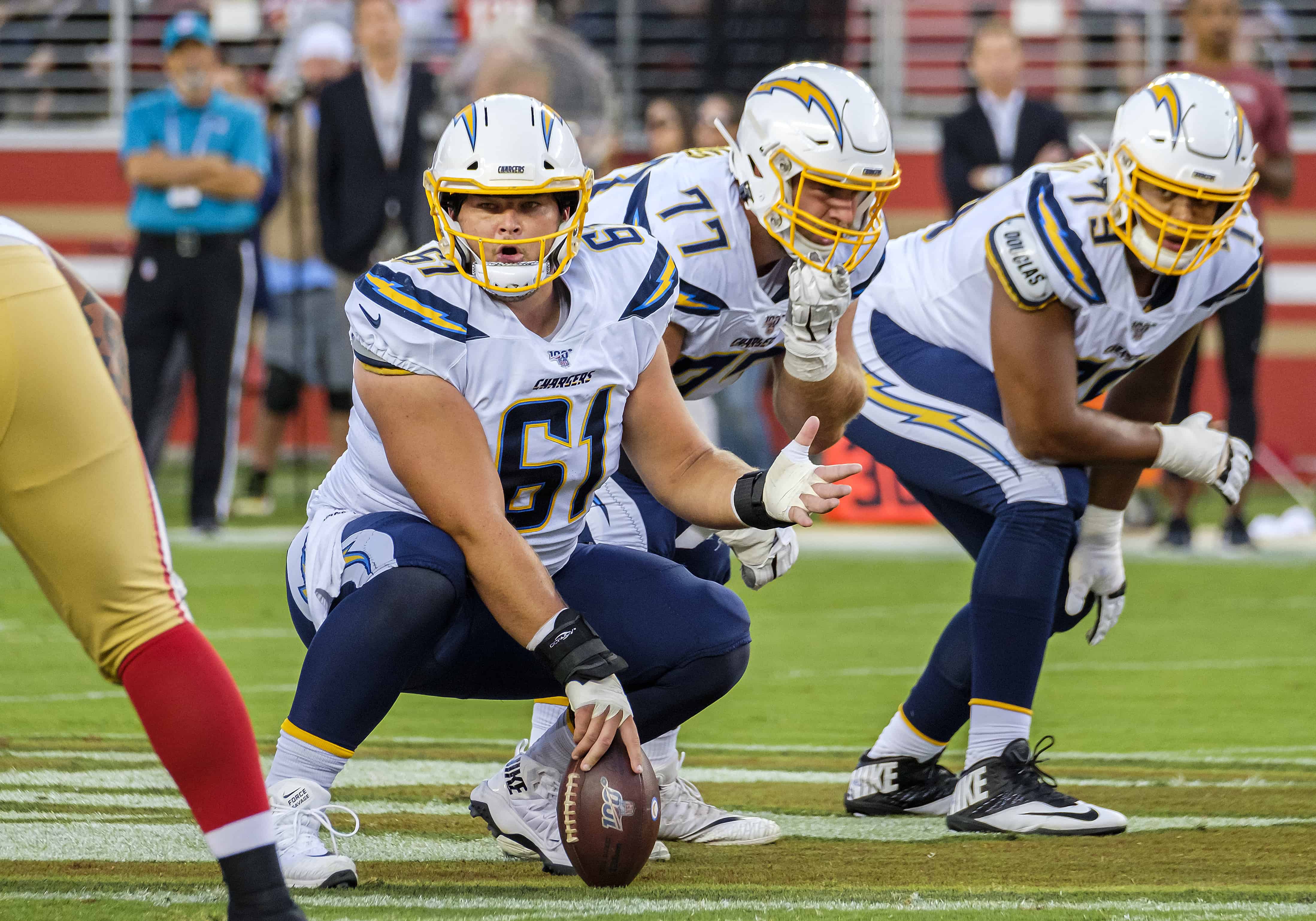 Chargers offensive line gets set for a play