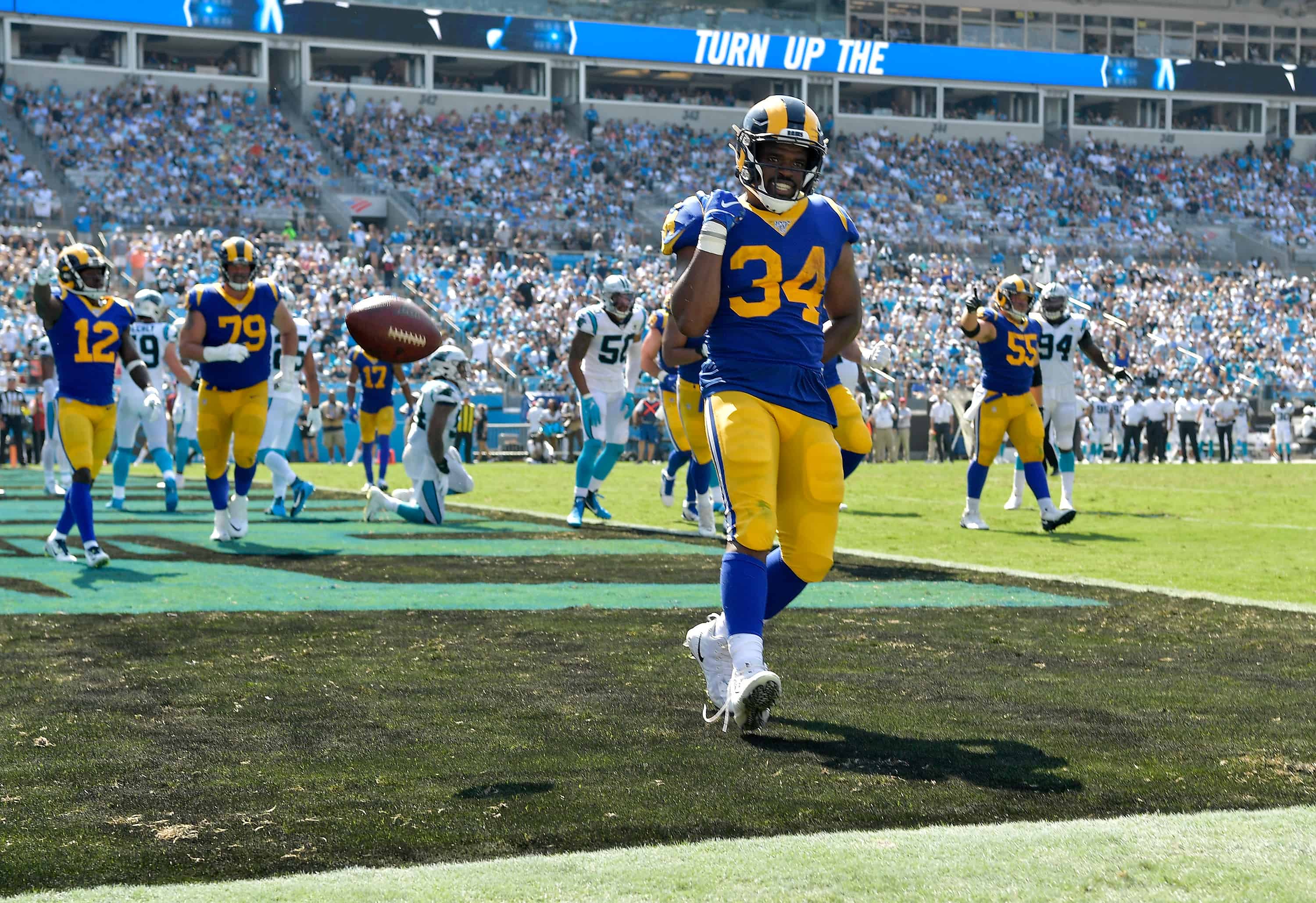 Rams RB Malcolm Brown celebrates TD against Panthers