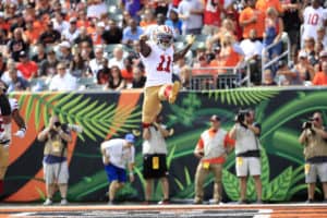 Marquise Goodwin celebrates a touchdown