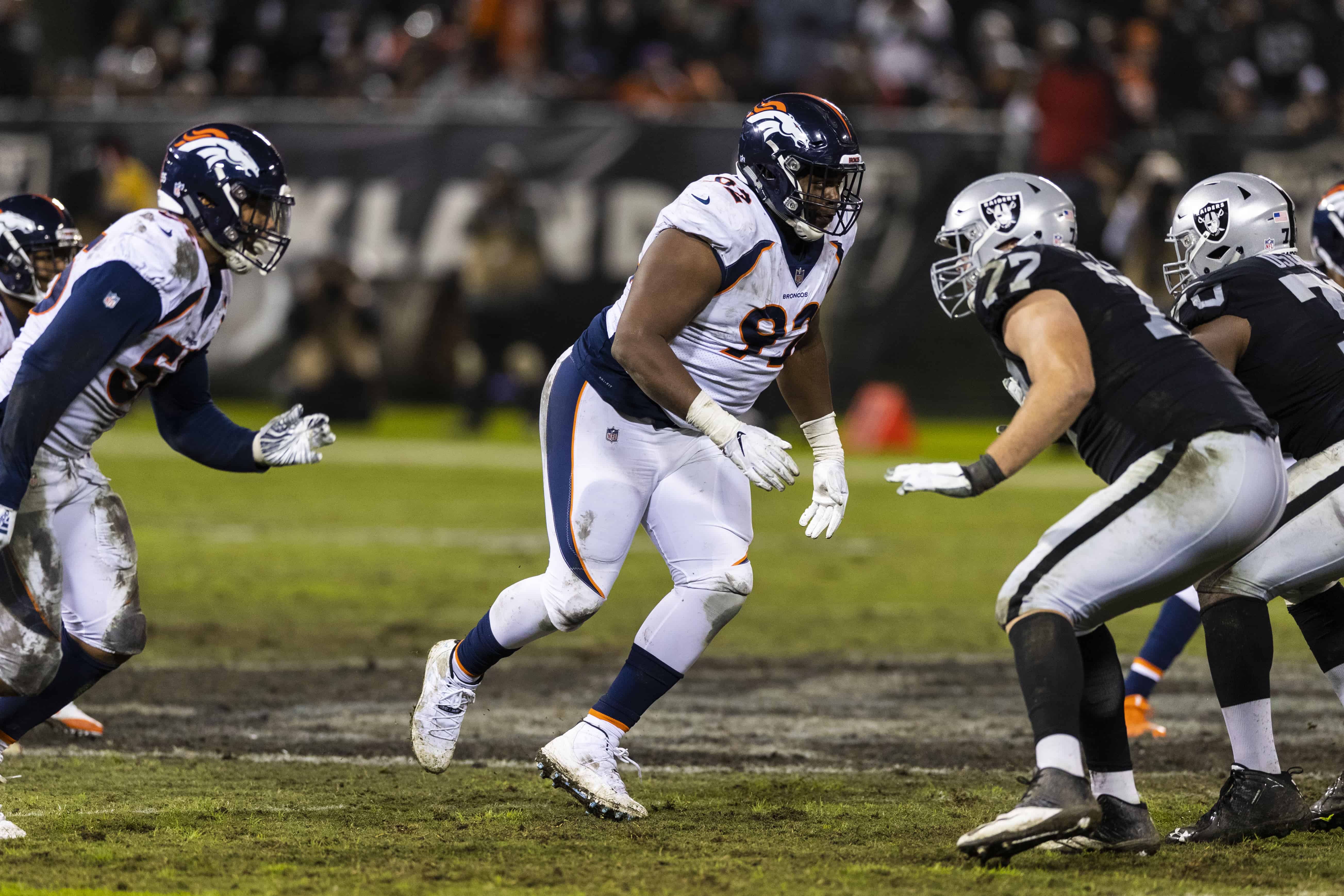 Broncos LB Von Miller rushes against Raiders T Kolton Miller
