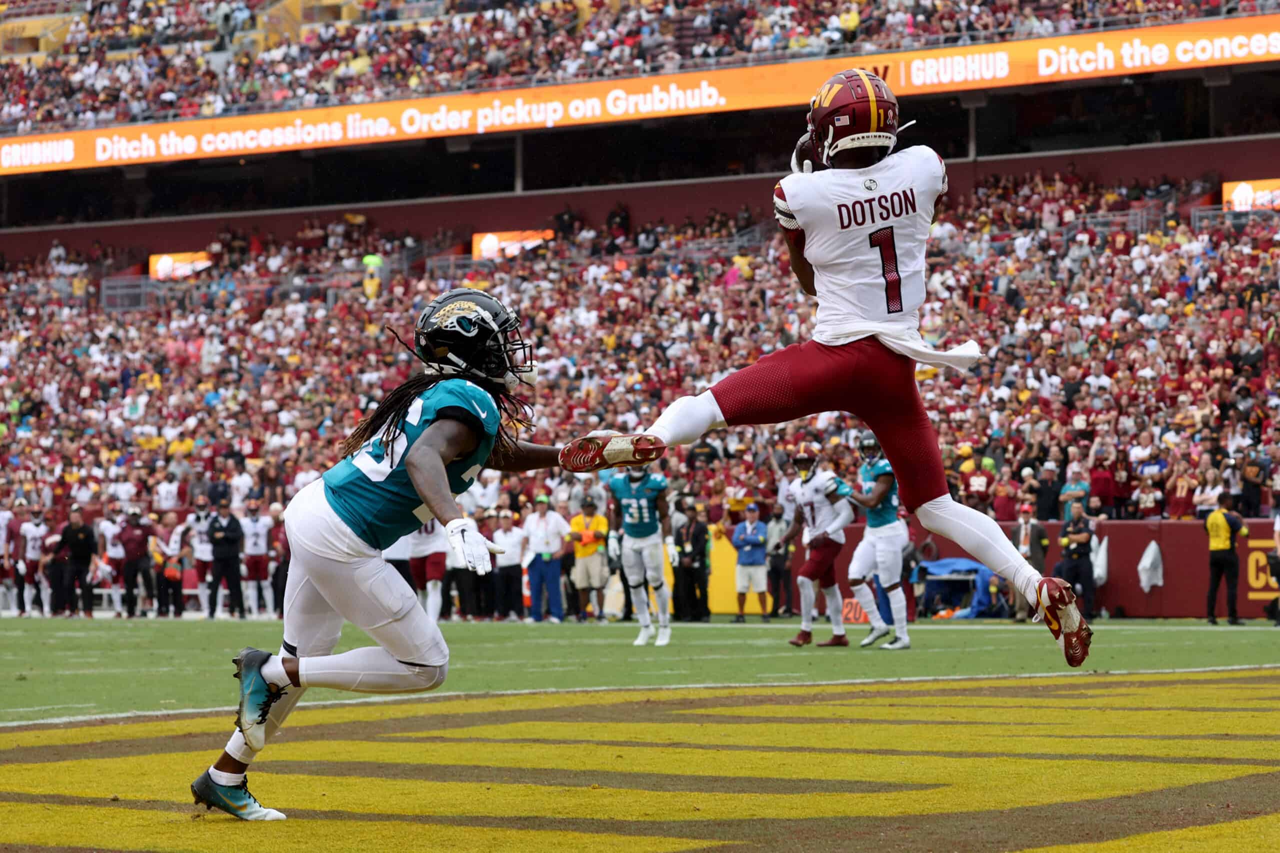 Jahan Dotson jumps for a catch.