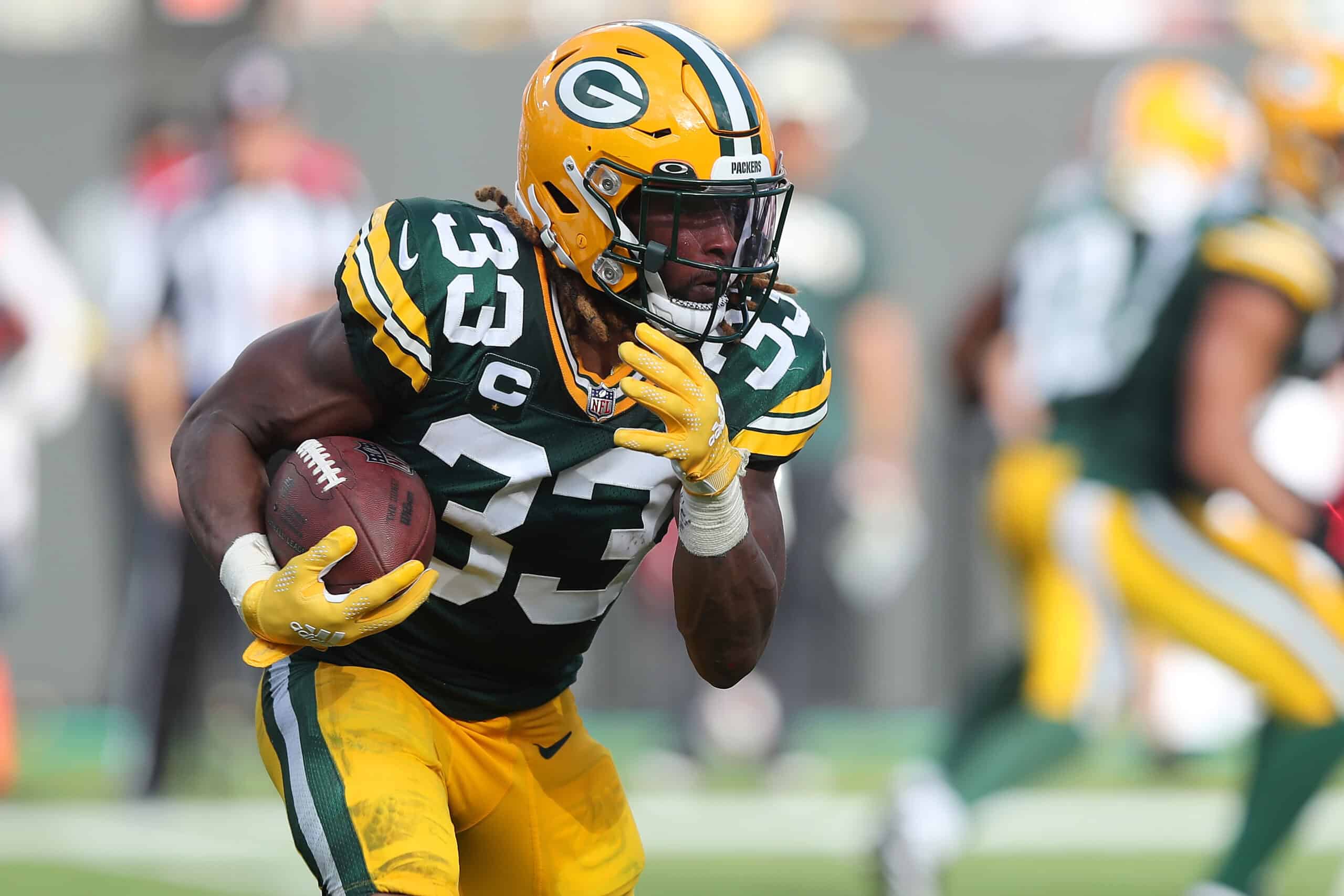 Aaron Jones had a monster day on the ground for the Green Bay Packers against the Patriots