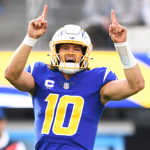 Los Angeles Chargers quarterback Justin Herbert (10) celebrates during the NFL regular season game between the Tennessee Titans and the Los Angeles Chargers.