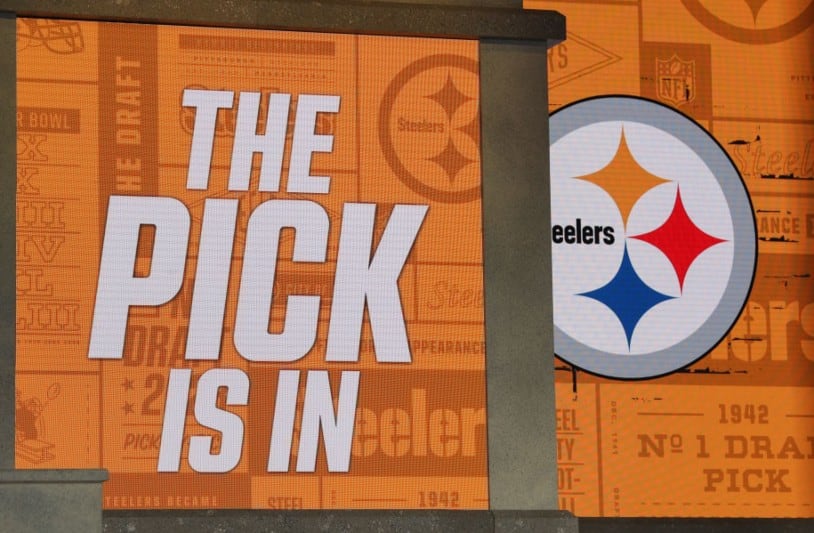 KANSAS CITY, MO - APRIL 27: A view of the Pittsburgh Steelers logo as the screen reads "The Pick Is In" in the first round of the NFL Draft on April 27, 2023 at Union Station in Kansas City, MO. (Photo by Scott Winters/Icon Sportswire via Getty Images)