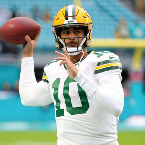 MIAMI GARDENS, FLORIDA - DECEMBER 25: Jordan Love #10 of the Green Bay Packers warms up prior to a game against the Miami Dolphins at Hard Rock Stadium on December 25, 2022 in Miami Gardens, Florida. (Photo by Megan Briggs/Getty Images)