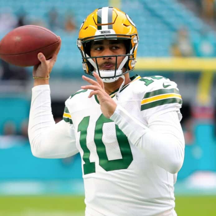 MIAMI GARDENS, FLORIDA - DECEMBER 25: Jordan Love #10 of the Green Bay Packers warms up prior to a game against the Miami Dolphins at Hard Rock Stadium on December 25, 2022 in Miami Gardens, Florida. (Photo by Megan Briggs/Getty Images)