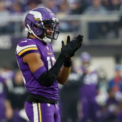 Justin Jefferson #18 of the Minnesota Vikings reacts after a penalty during the first quarter against the New York Giants in the NFC Wild Card playoff game