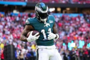 A.J. Brown #11 of the Philadelphia Eagles warms up against the Kansas City Chiefs