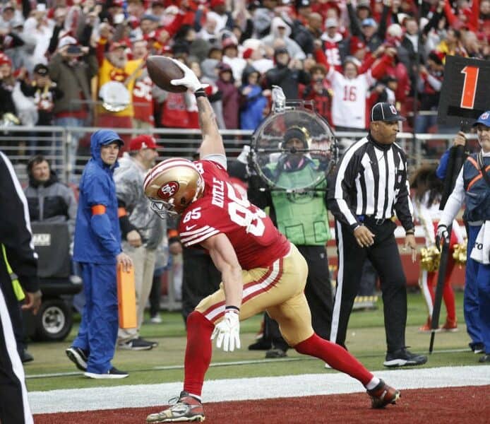 George Kittle #85 of the San Francisco 49ers celebrates