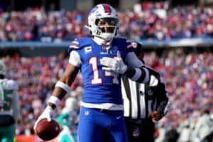 Stefon Diggs #14 of the Buffalo Bills reacts after a reception against the Miami Dolphins