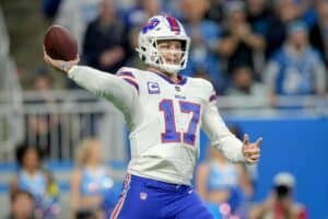 Josh Allen throws a pass against the Lions