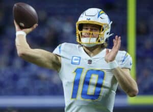 Justin Herbert throws pass against Colts