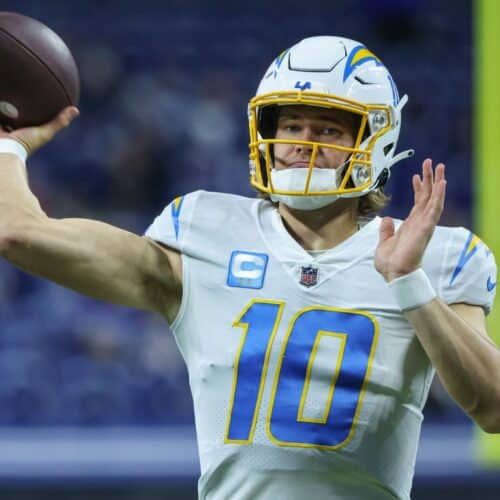 Justin Herbert throws pass against Colts