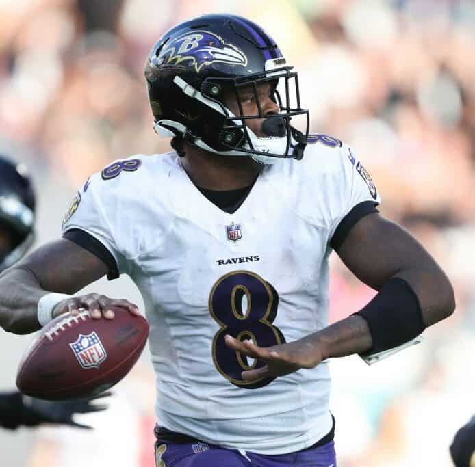 Lamar Jackson #8 of the Baltimore Ravens throws a pass during the second half against the Jacksonville Jaguars