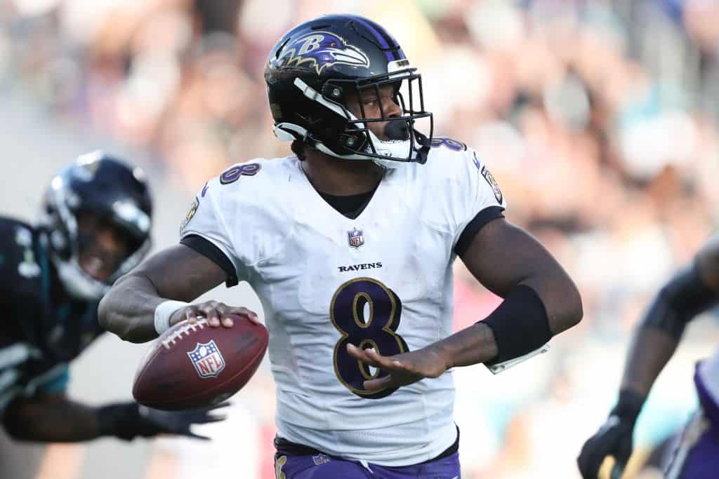 Lamar Jackson #8 of the Baltimore Ravens throws a pass during the second half against the Jacksonville Jaguars