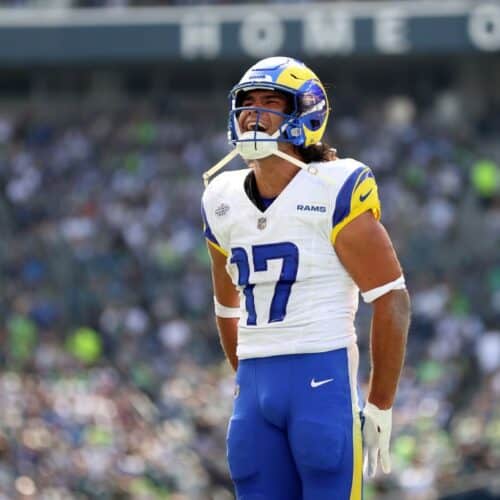 Puka Nacua celebrates.