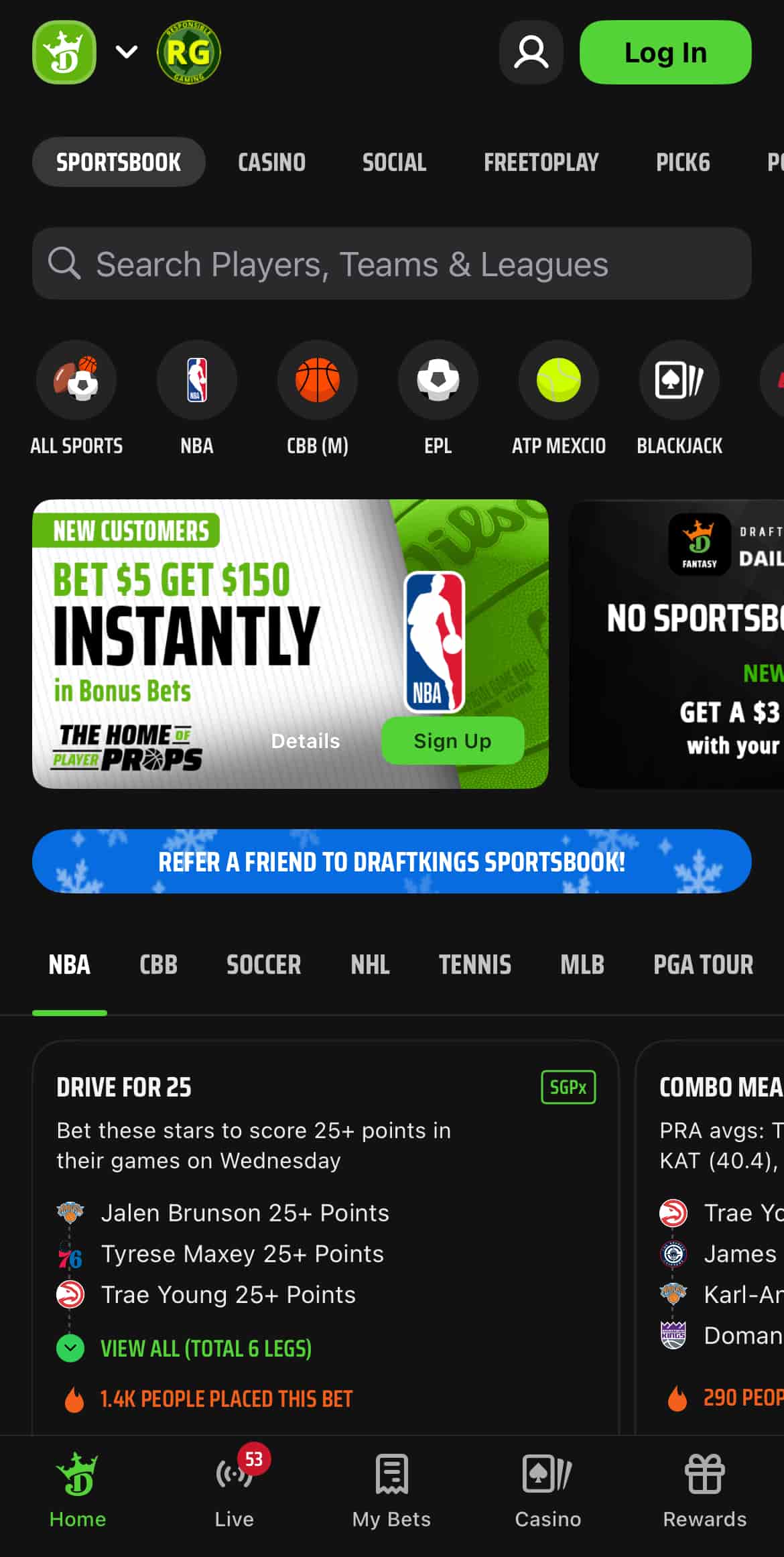 DraftKings mobile app homepage.