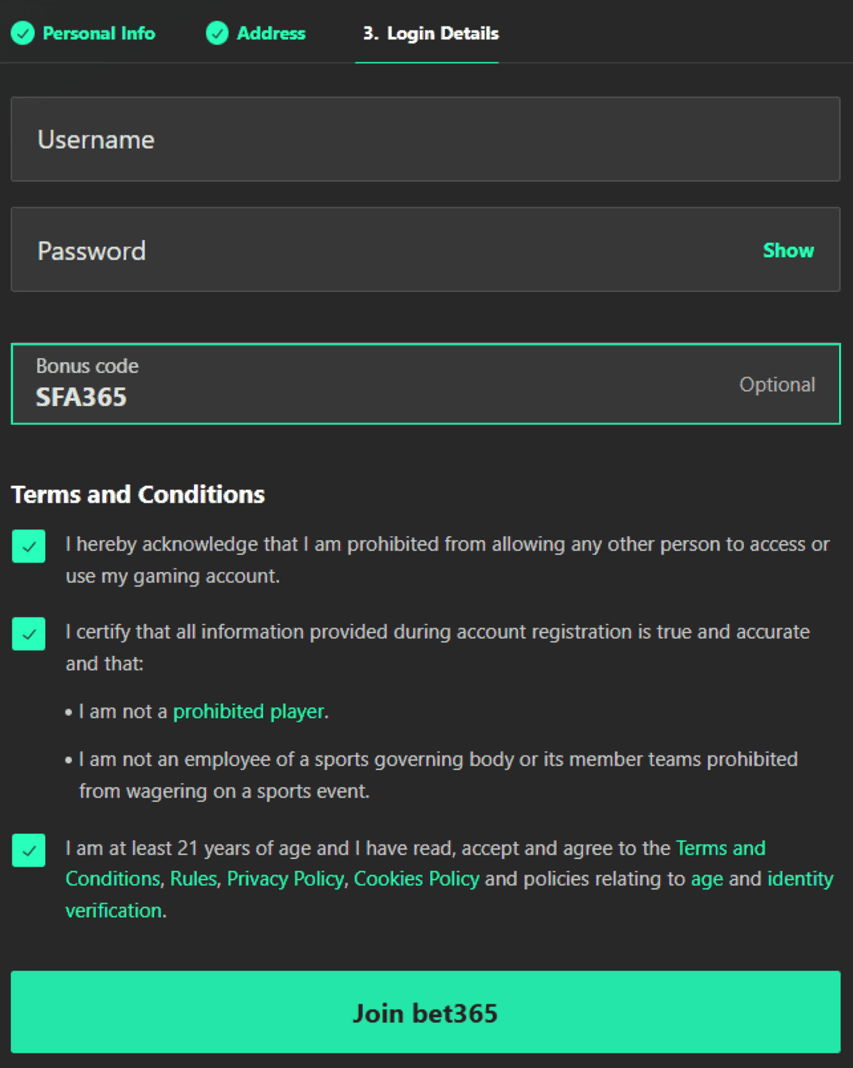 Bet365 USA sign up page with the bonus code SFA365