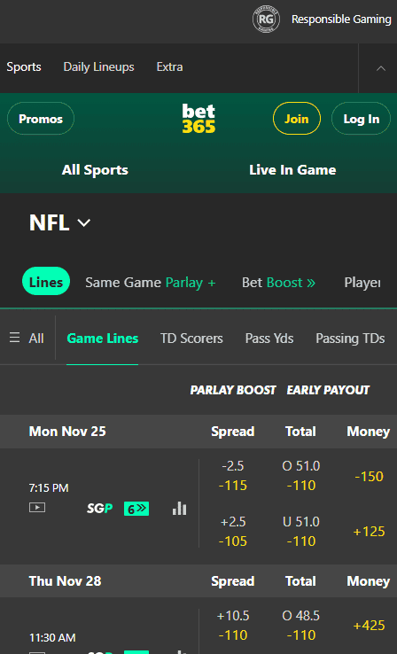 NFL bet365 bets and odds