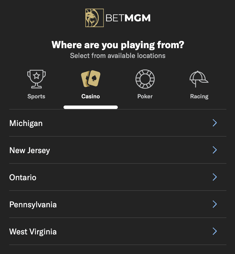 Betmgm legal states - casino