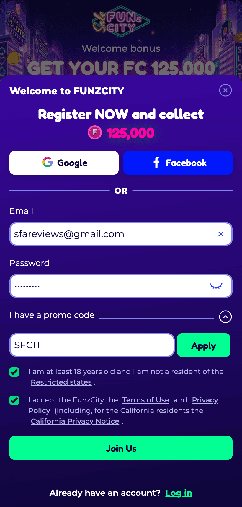 Funzcity registration & sign up offer