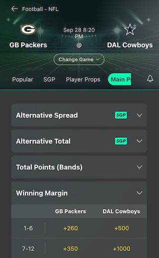 Bet365 betting markets and props for an NFL game