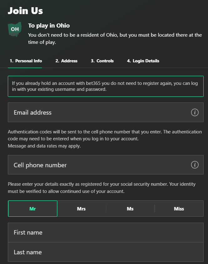 bet365 ohio information to create account