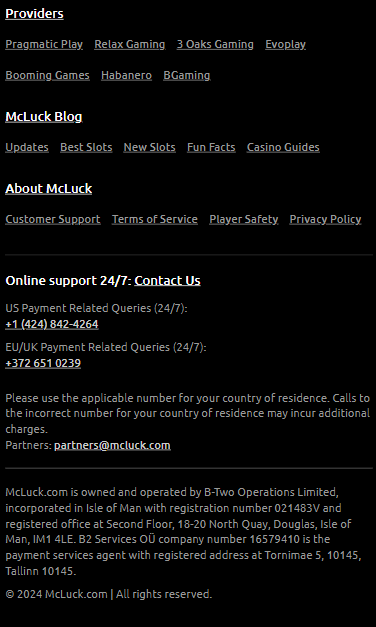 mcluck casino legal information and contact info