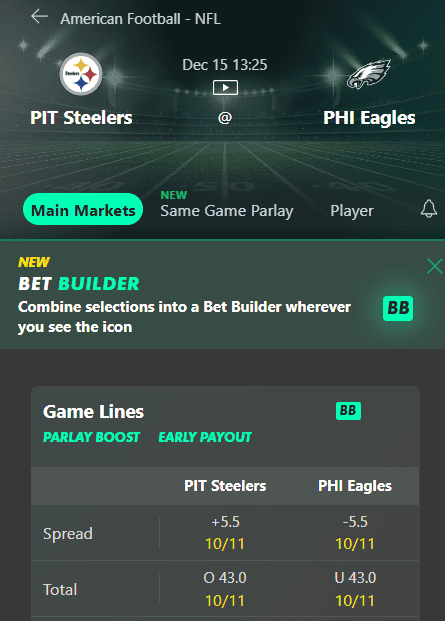 NFL Week 15 steelers vs eagles - bet builder on Bet365
