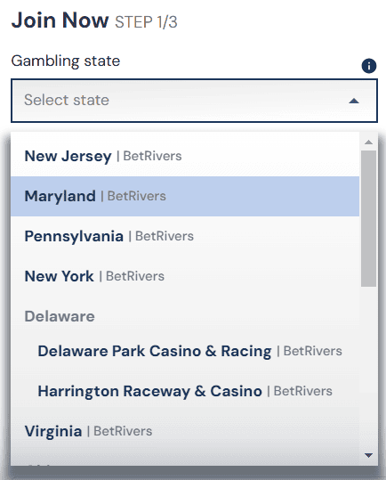 betrivers sign up page - state selection drop down menu US