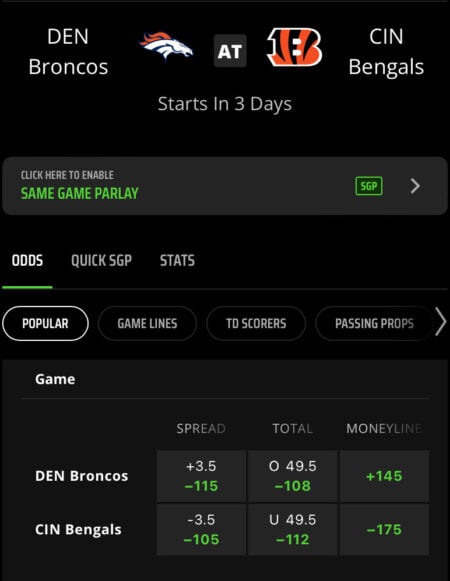 Denver Broncos vs Cincinnati Bengals odds NFL week 17.