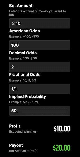 DraftKings betting calculator example