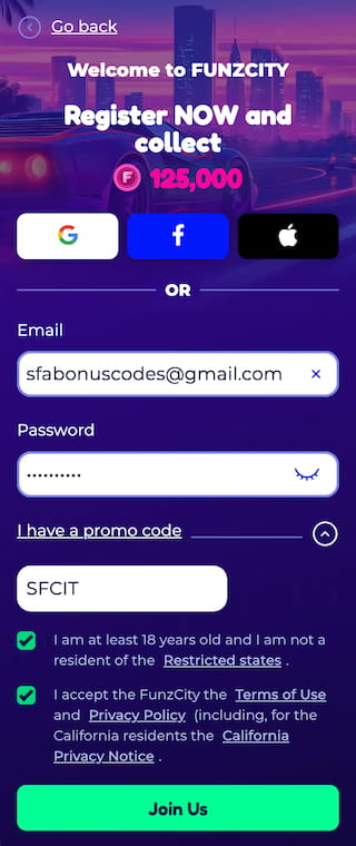 FunzCity casino promo code field during sign up