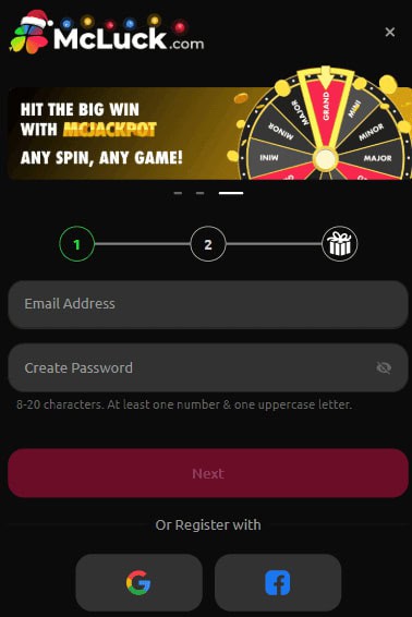 Sweepstakes sign up at McLuck casino.