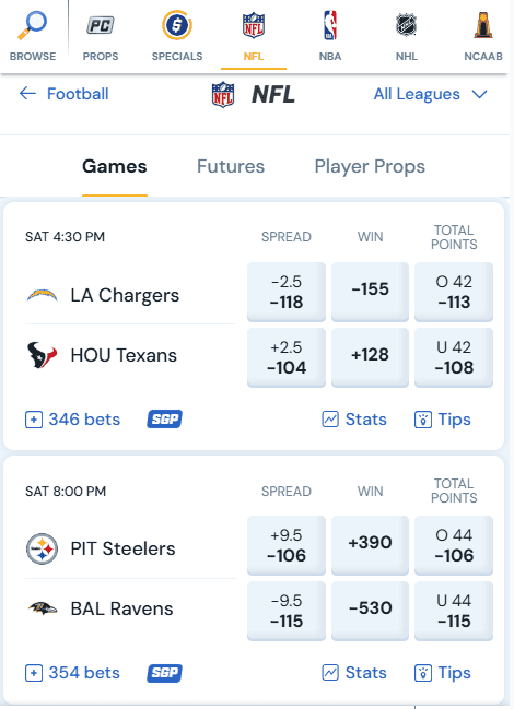 NFL betting odds on chargers vs texans