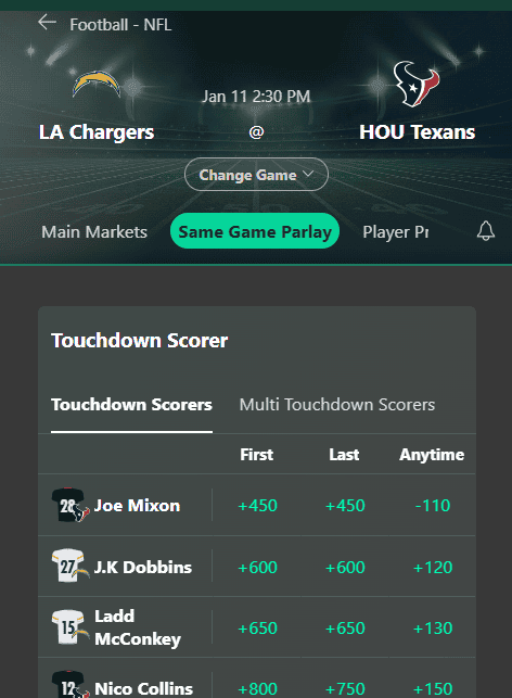 bet365 same game parlays player props NFL