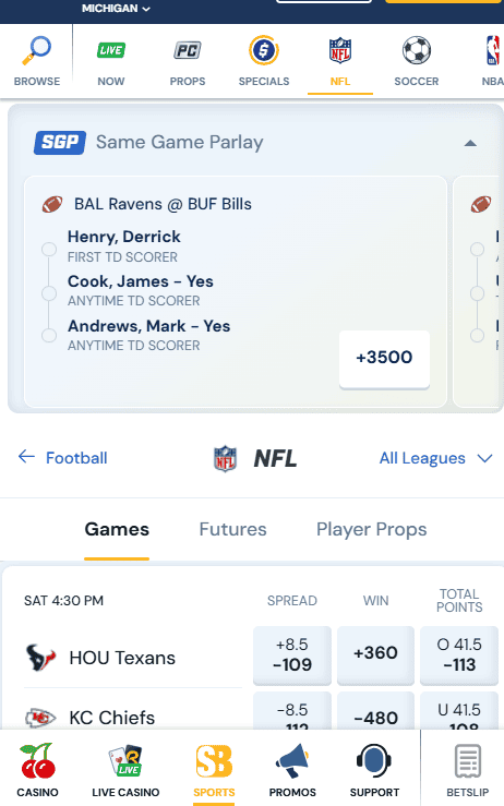 betrivers NFL section