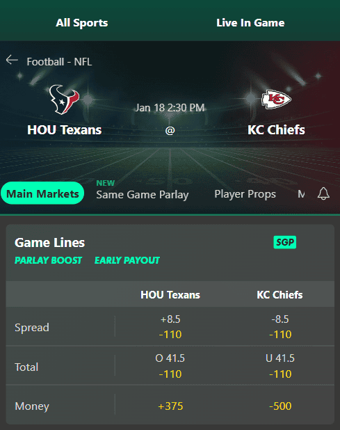 bet365 odds on texans vs chiefs NFL divisional round