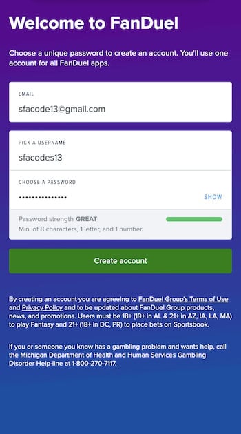 FanDuel sign up screen