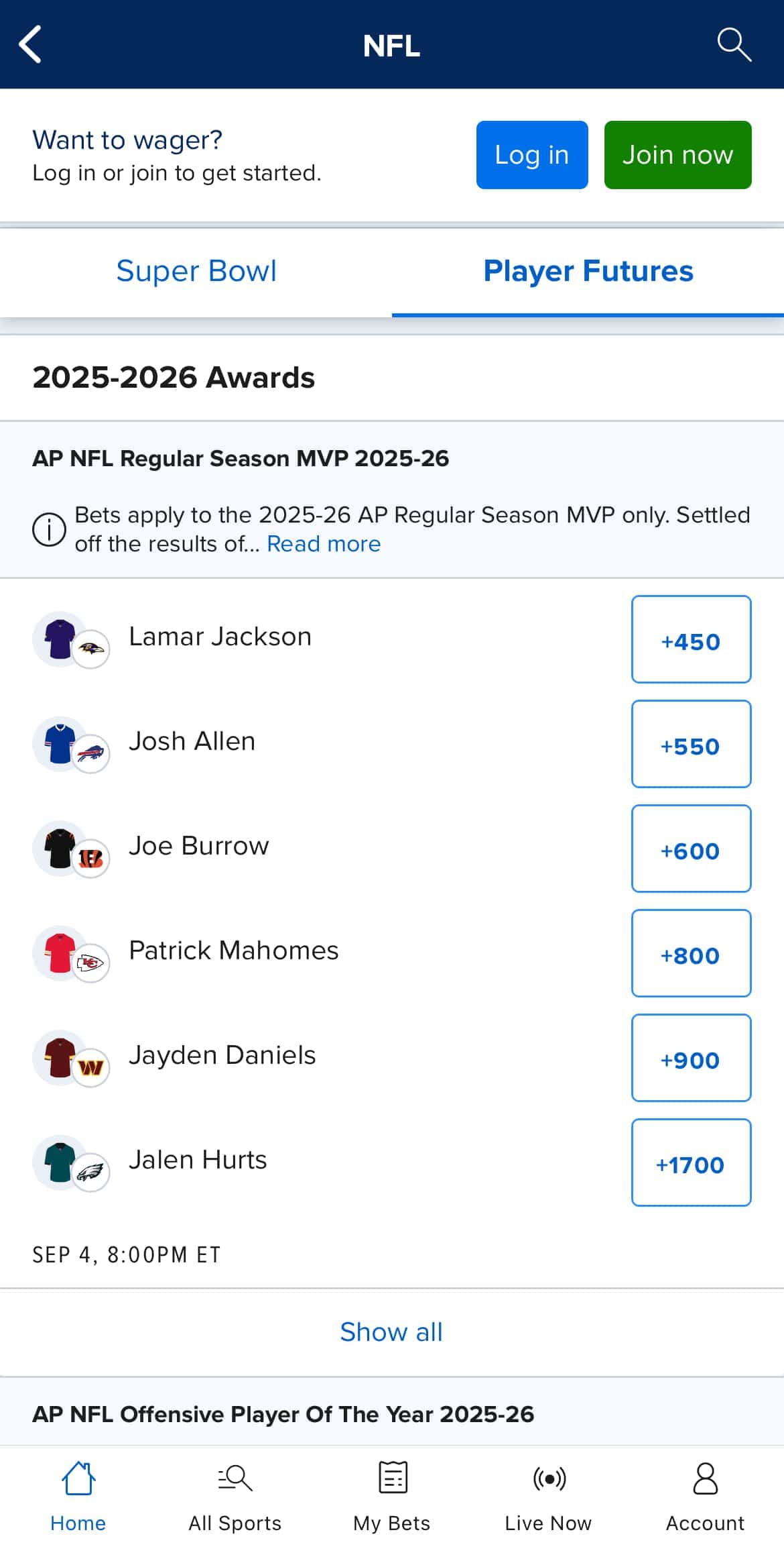 NFL betting odds at FanDuel.