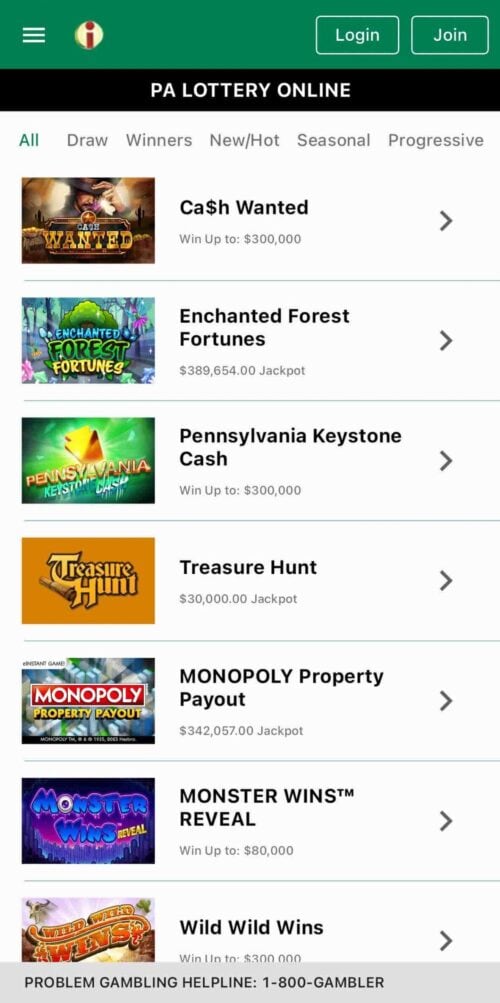 The game library at PA lottery.