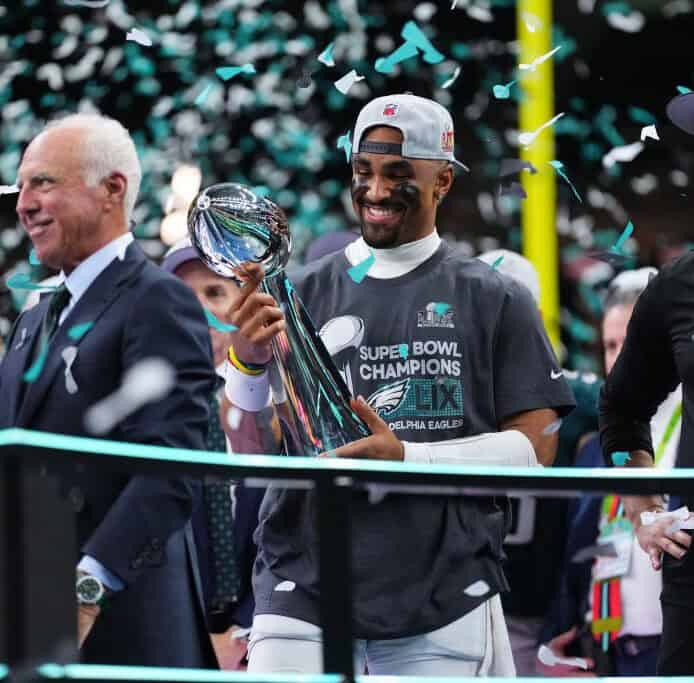 Jalen Hurts, Nick Sirianni, Super Bowl Trophy