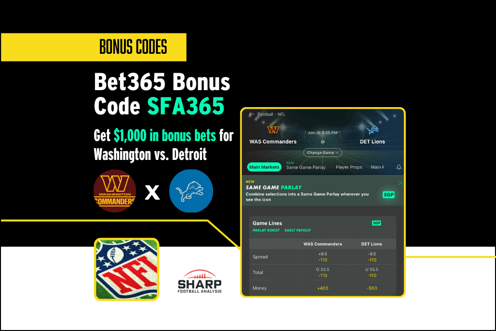 Lions vs. Commanders Bet365 bonus code offer.