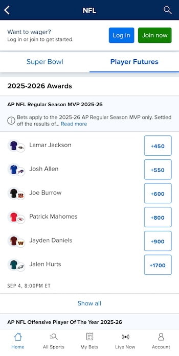 FanDuel NFL MVP odds for 2025-2026