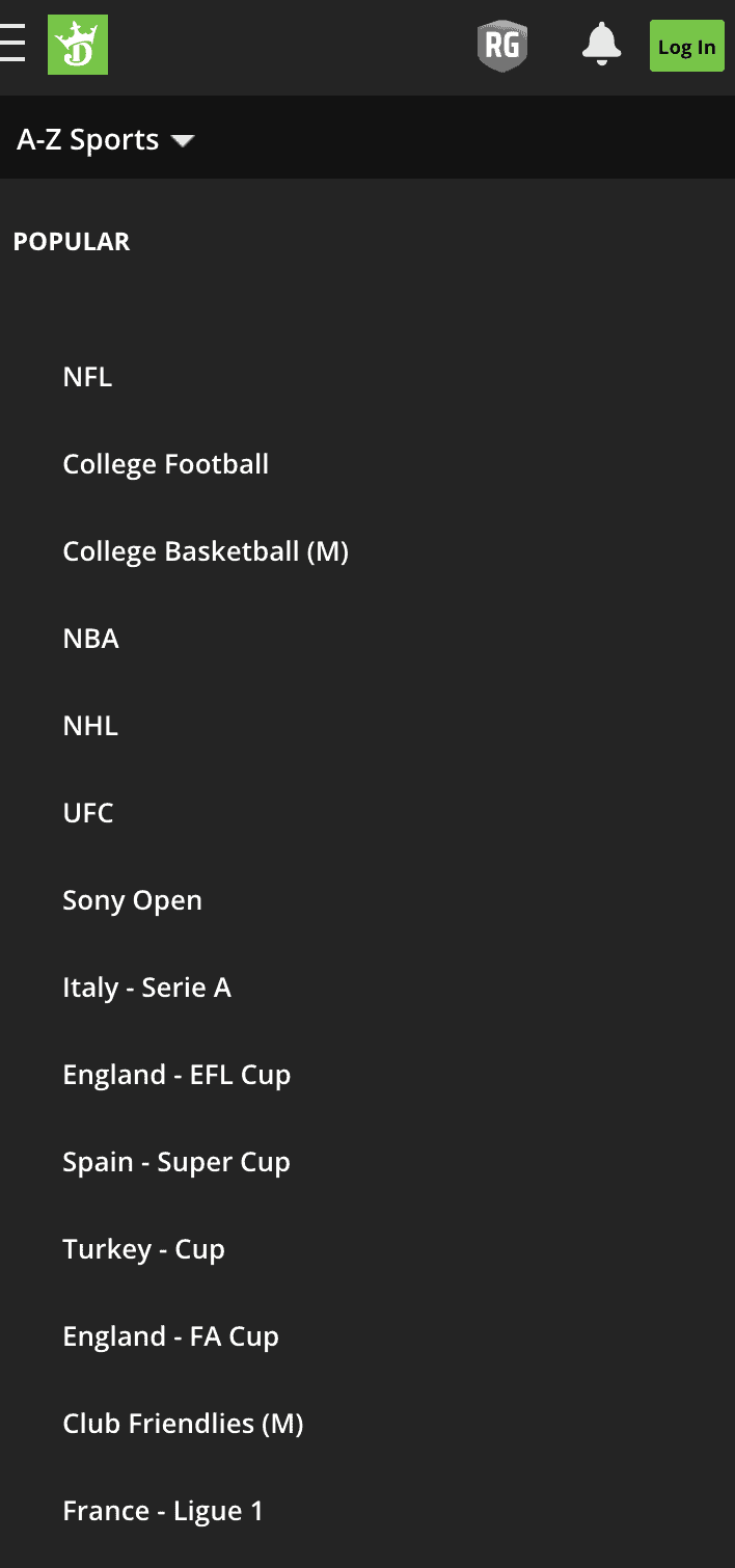 Draftkings nc a-z sports