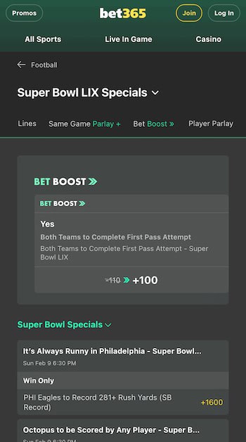Bet365 Super bowl specials