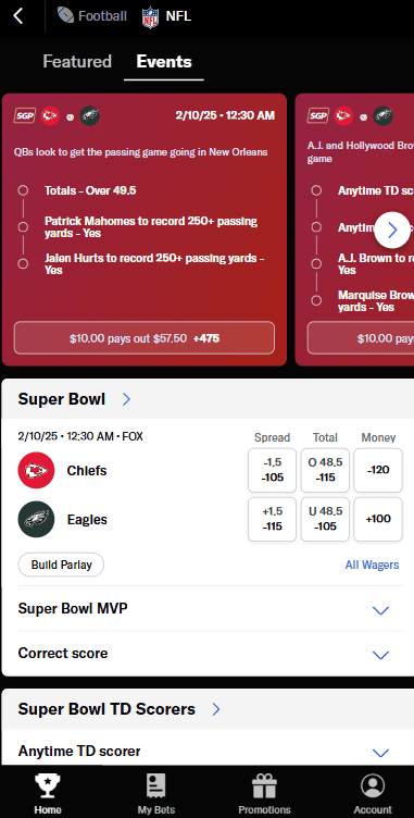 BetMGM NFL betting on mobile app