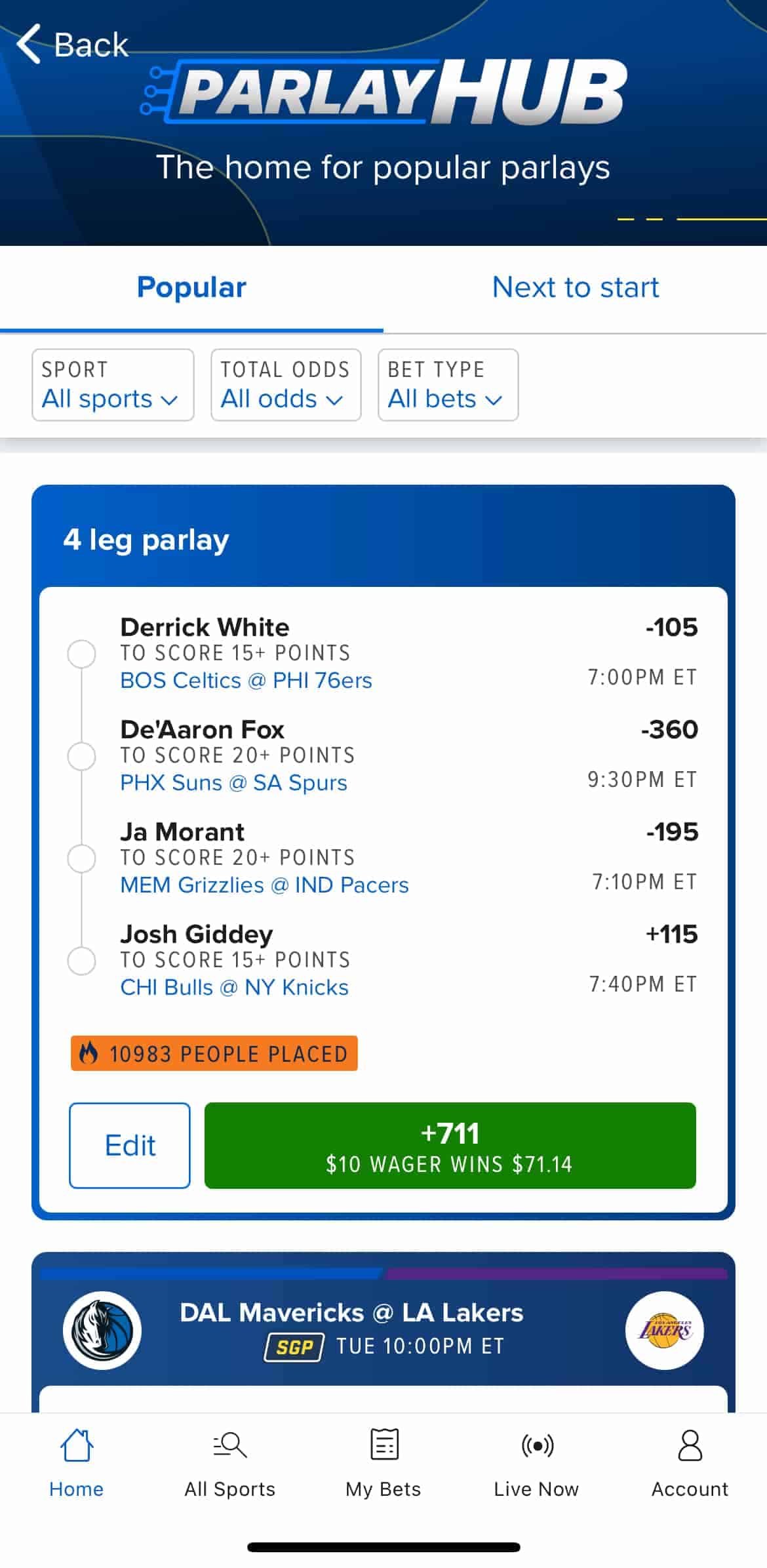 The Parlay Hub feature at FanDuel