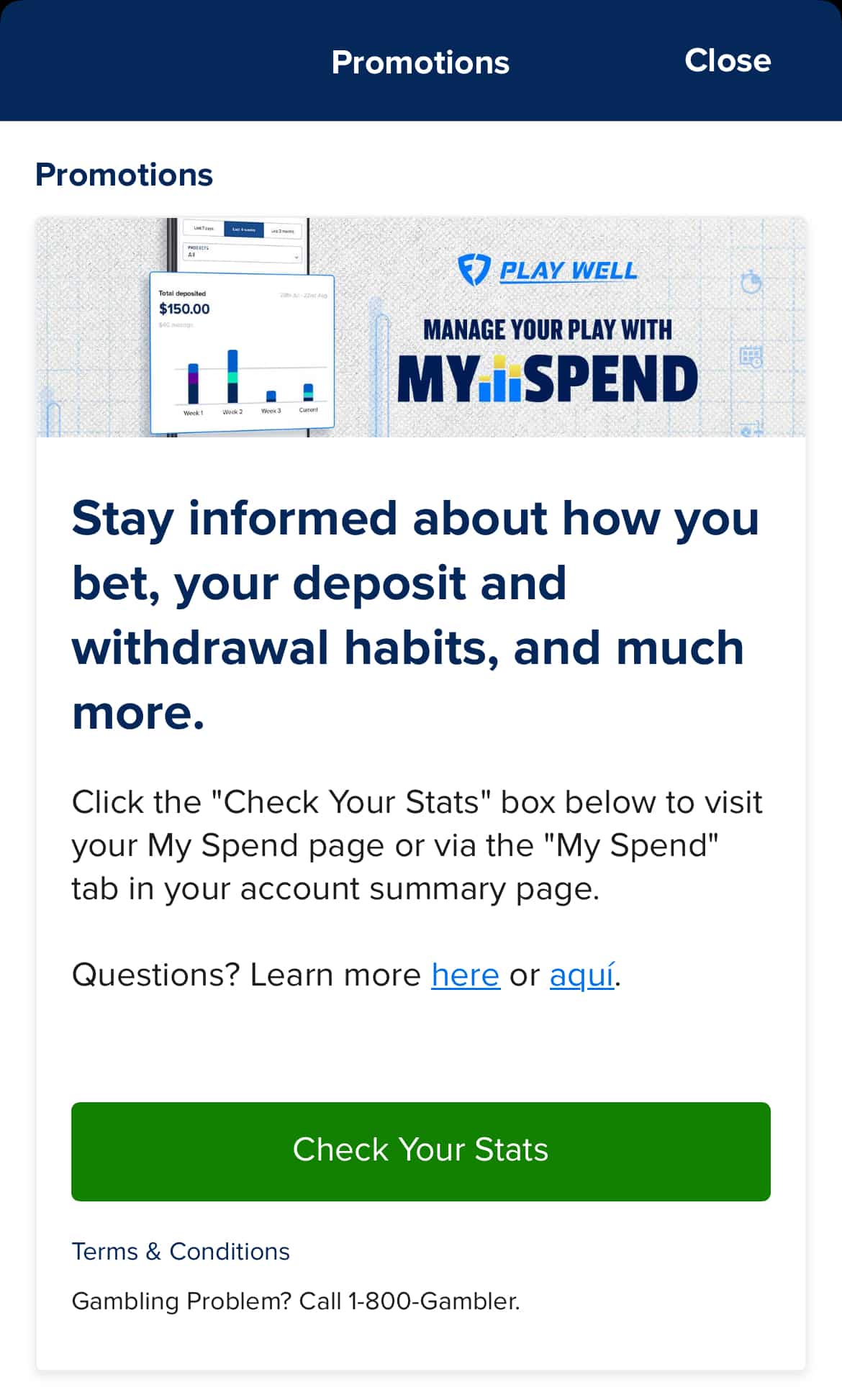 FanDuel My Spend safe gambling feature.